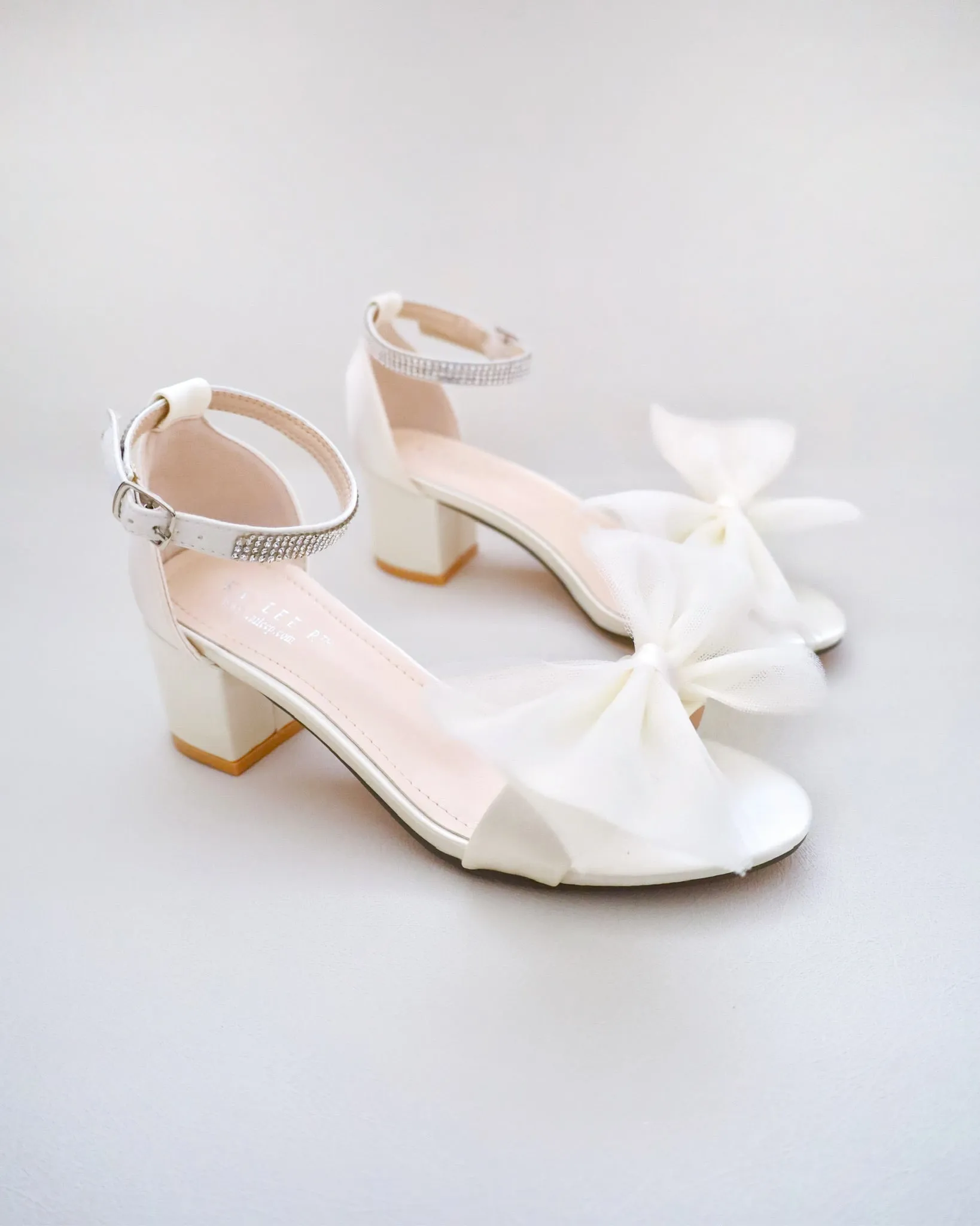 Ivory Satin Block Heel Sandal with Front Oversized Tulle Bow