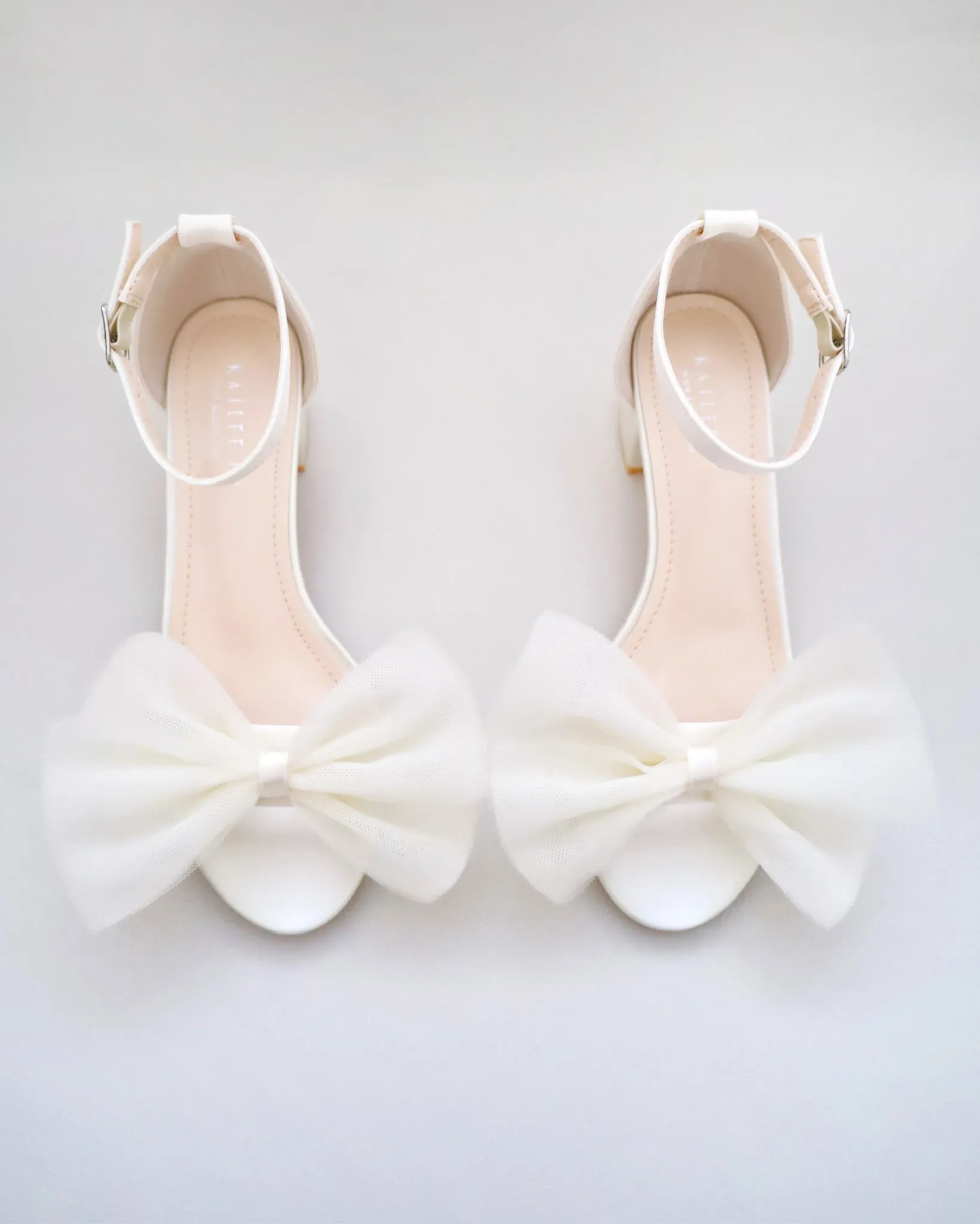 Ivory Satin Block Heel Sandal with Front Oversized Tulle Bow