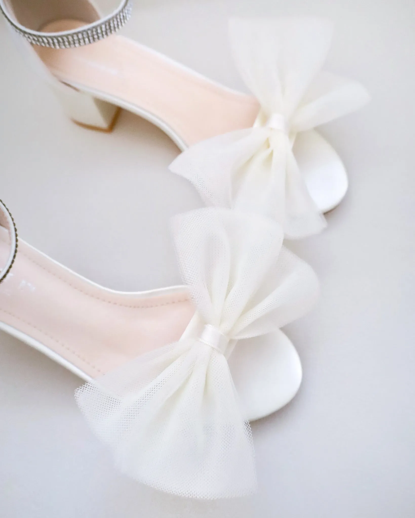 Ivory Satin Block Heel Sandal with Front Oversized Tulle Bow