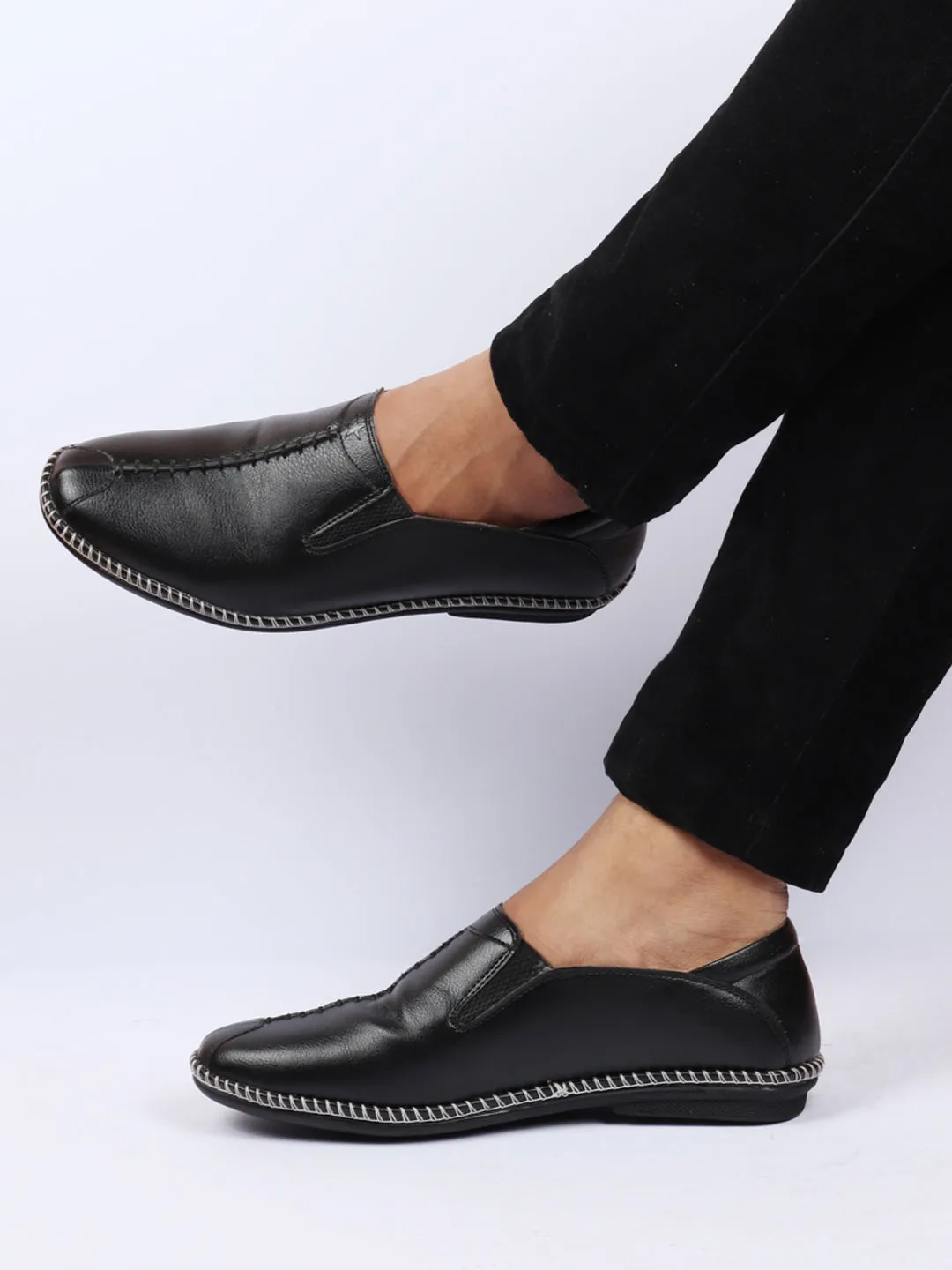 Men Black Casual Cap Toe Hand Stitched Slip On Shoes