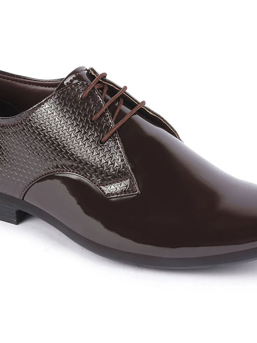 Men Brown Patent Leather Shine Textured Print Pointed Toe Party Wedding Lace Up Derby Shoes