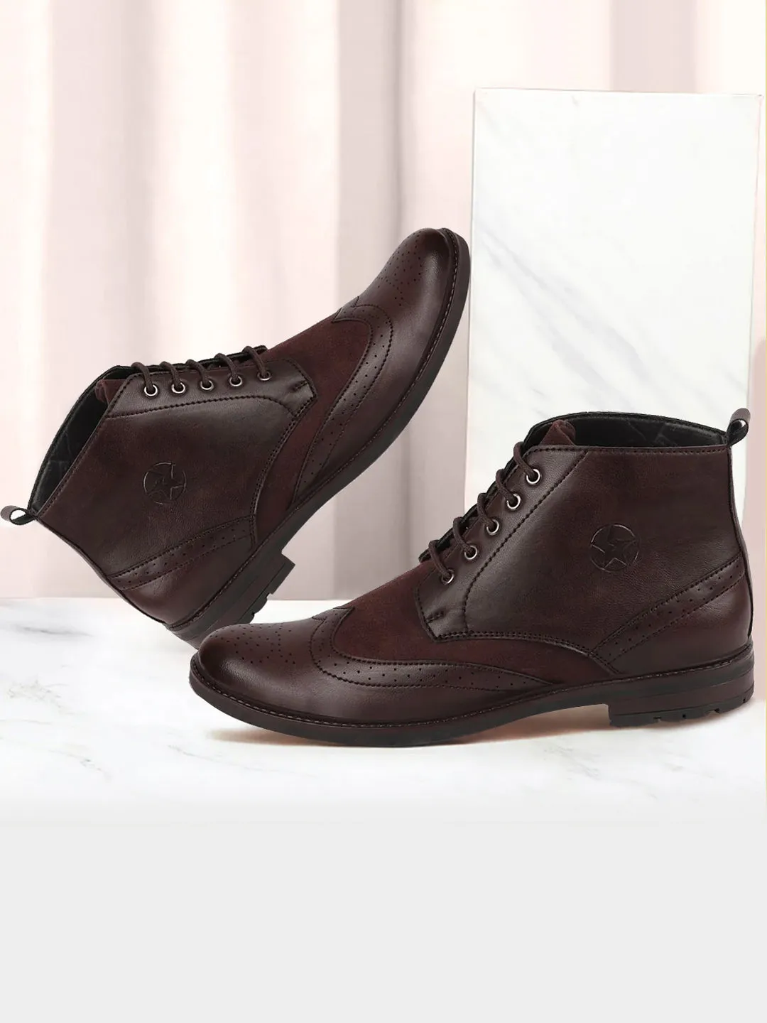 Men Brown Wingtip Lace Up Boots