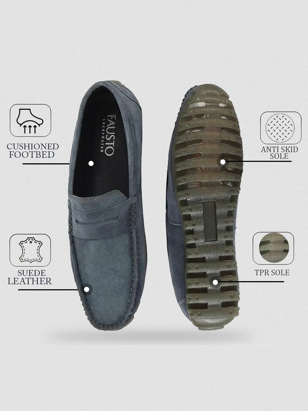 Men Grey Suede Leather Side Stitched Slip On Driving Loafers and Mocassin