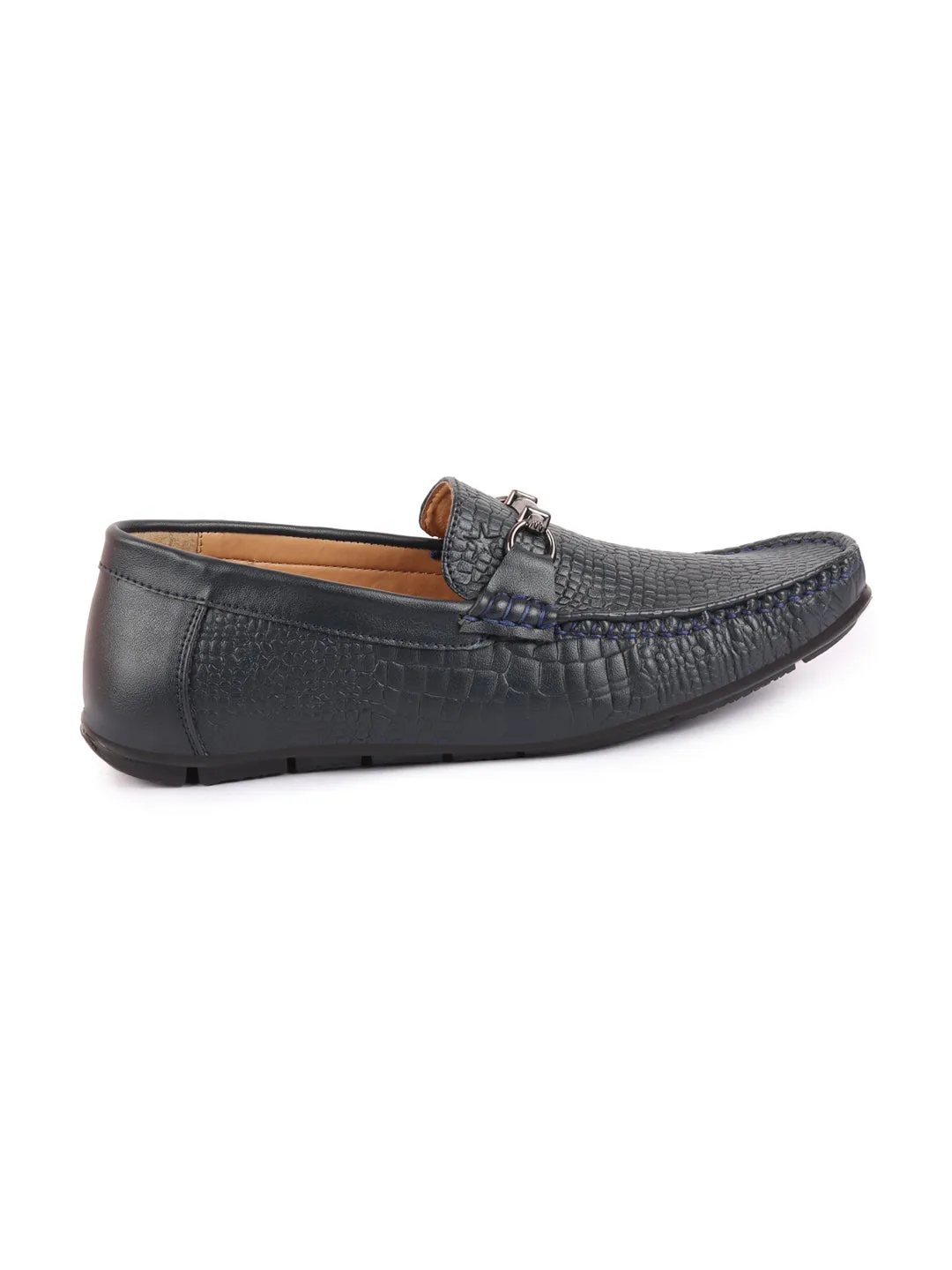 Men Navy Blue Horsebit Buckle Embossed Casual/Dress Loafer Shoes