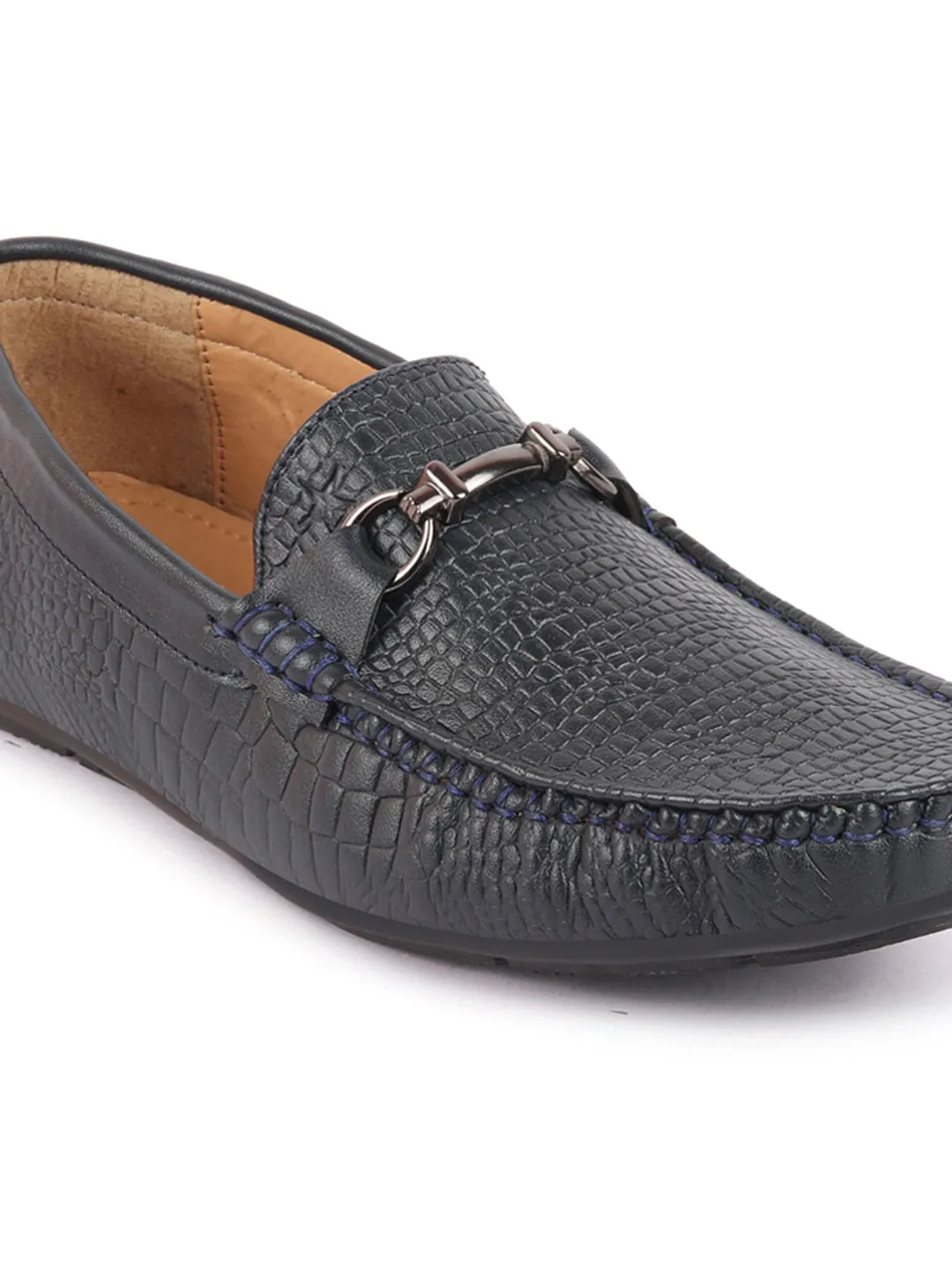 Men Navy Blue Horsebit Buckle Embossed Casual/Dress Loafer Shoes