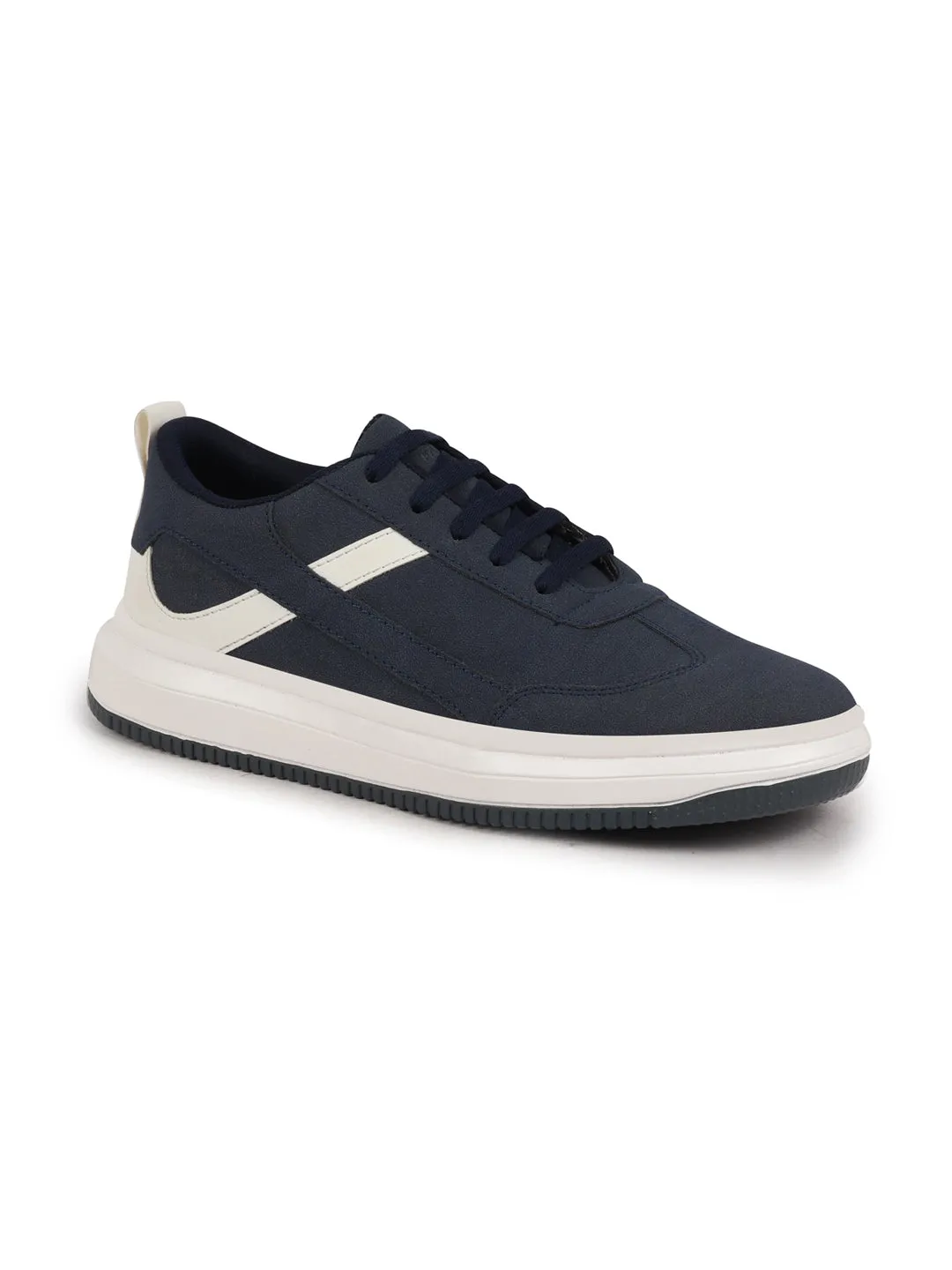 Men Navy Lace Up White Stripped Trendy All Day Comfortable Lightweight Sneakers Casual Shoes