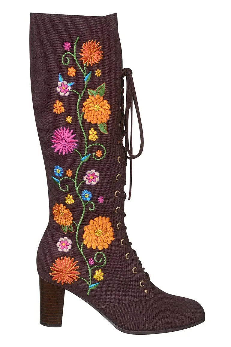 Penny Lane Brown Floral Embroidered Boots - SSA514 - UK6