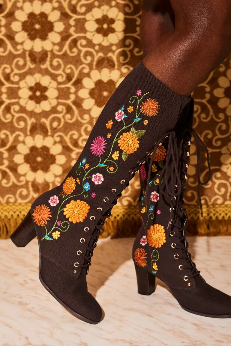 Penny Lane Brown Floral Embroidered Boots - SSA514 - UK6