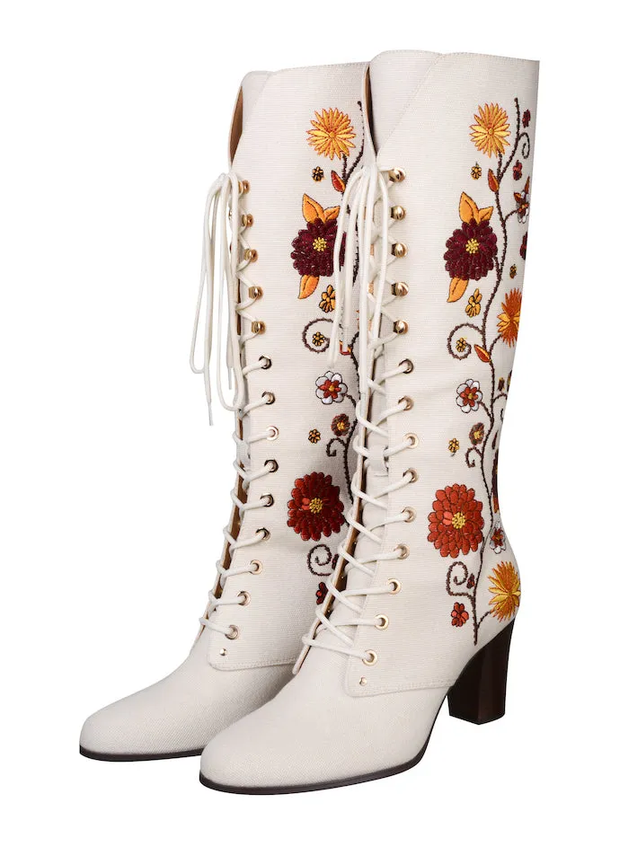 Penny Lane Cream Floral Embroidered Boots - SSA482 - UK6