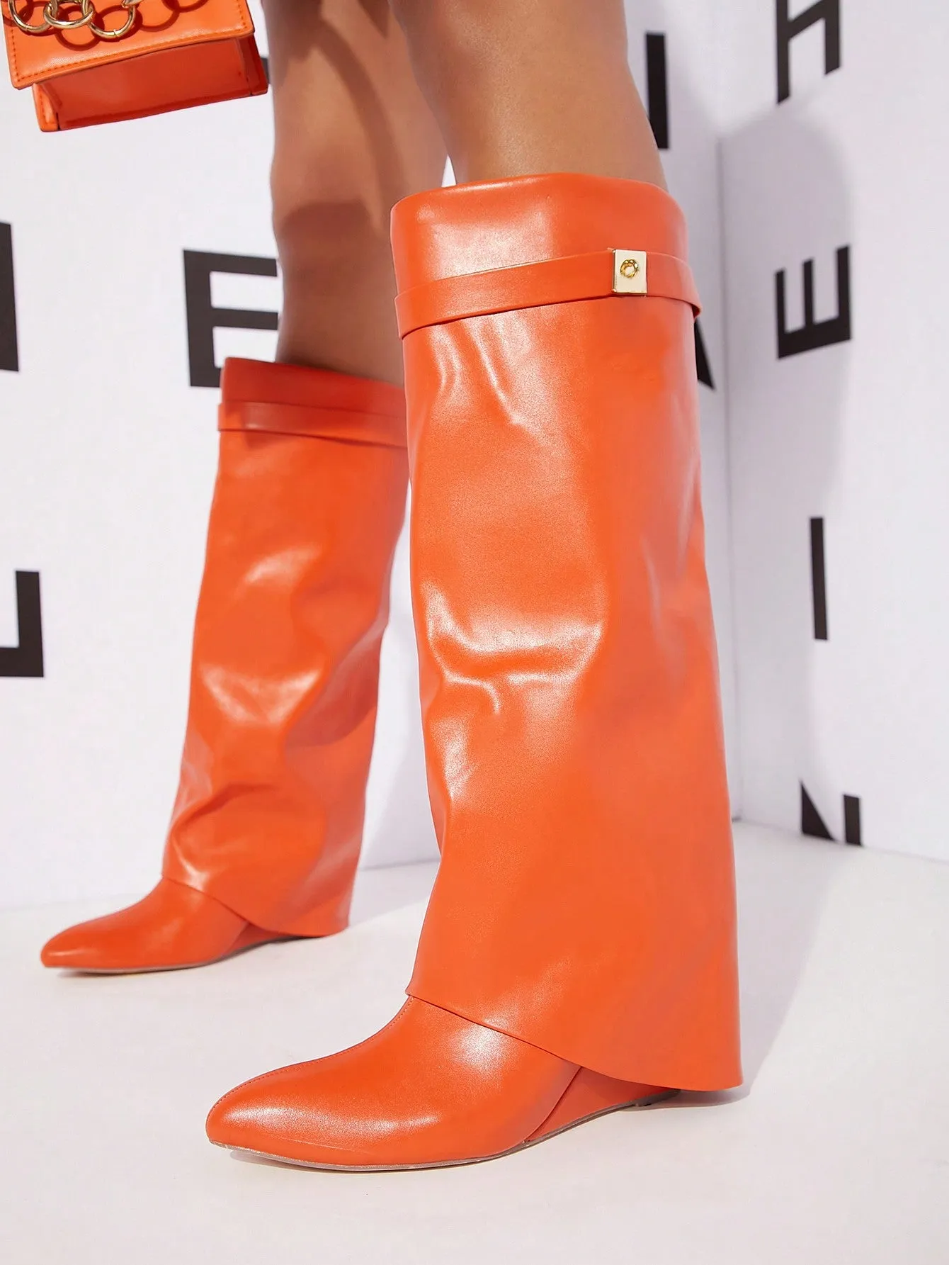 PU Leather Slip On Buckle Heeled Boots