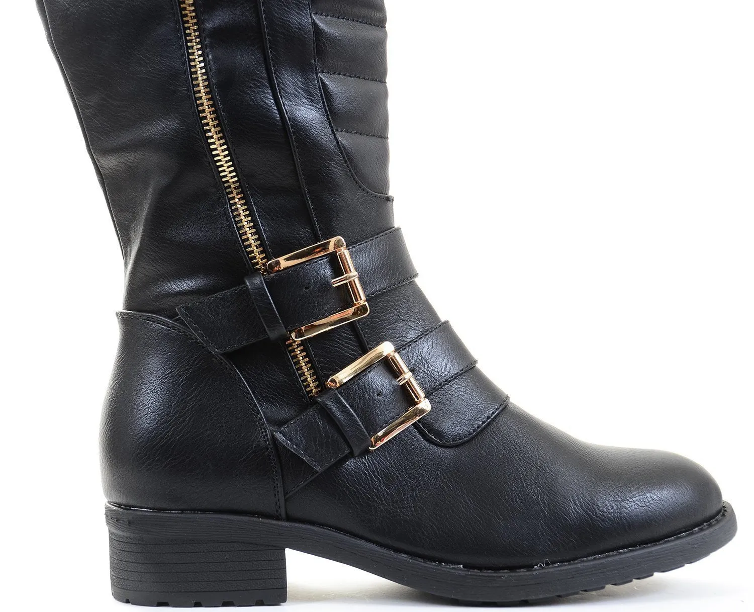 Quilted Leatherette Strap Riding Vegan Knee Boot