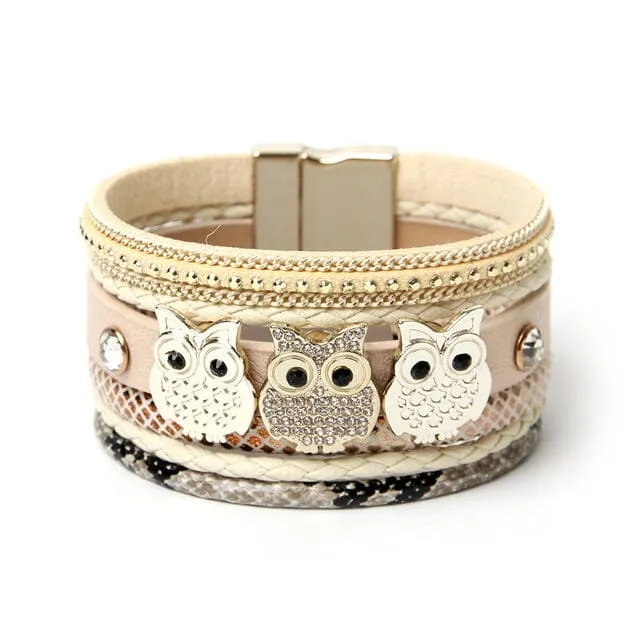 Rhinestone Owl Magnetic Buckle Bracelet