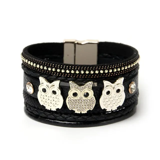 Rhinestone Owl Magnetic Buckle Bracelet