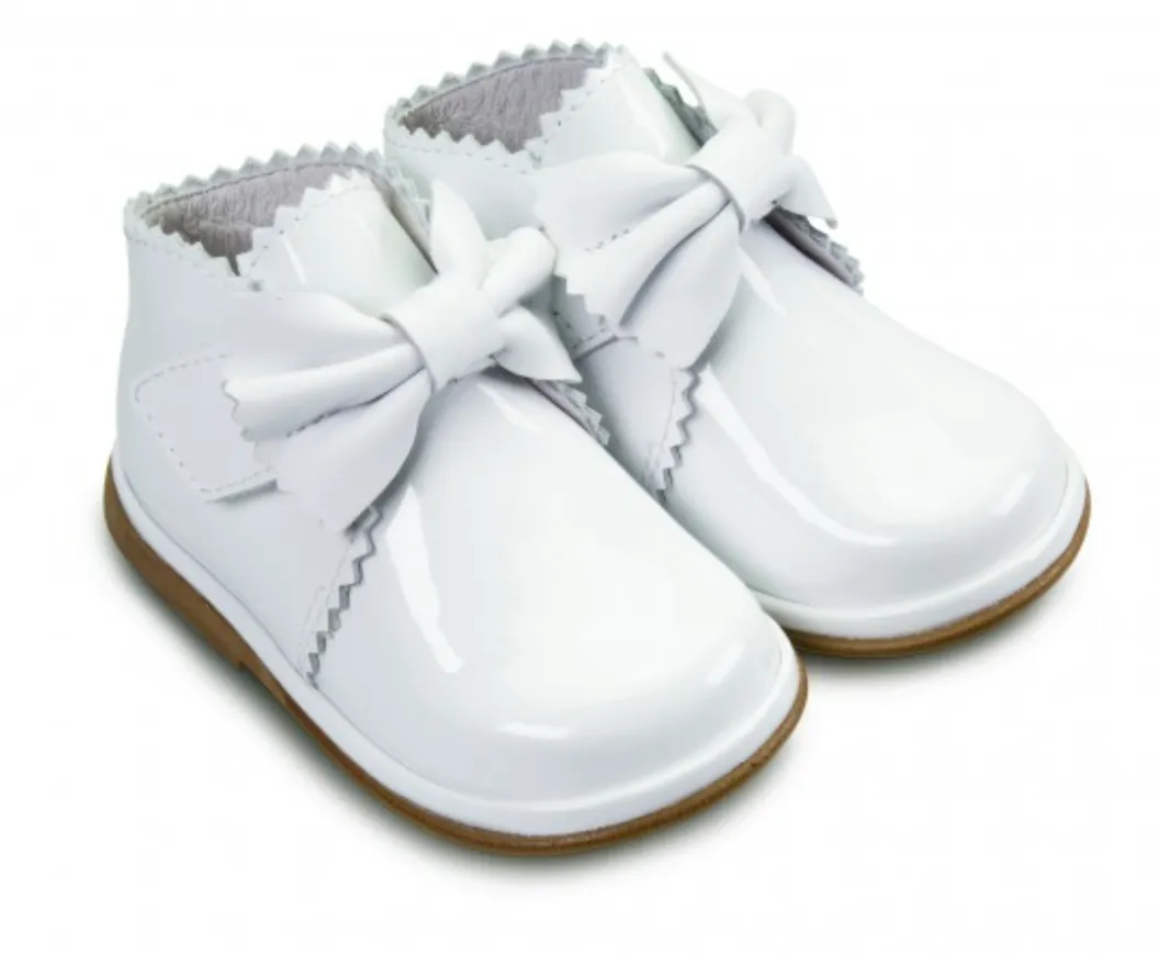 Sharon Boots White PATENT Leather Velcro Boots with Bow