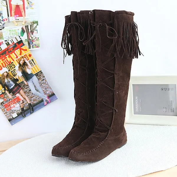 Tassel Suede Flat Tall Boots for Women 4549