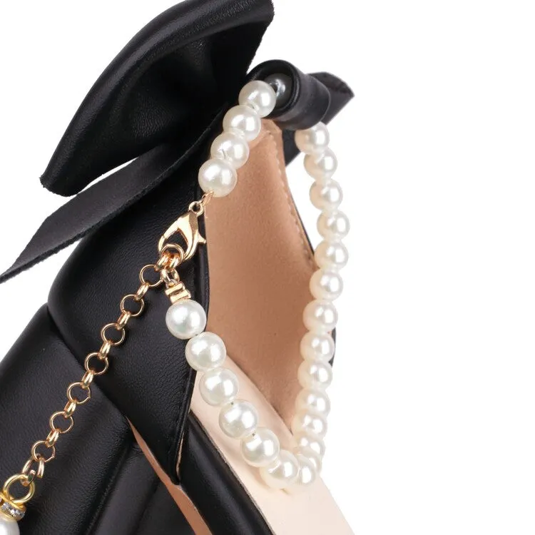 Women's Pearls Beads Ankle Strap Block Chunky Heel Sandals