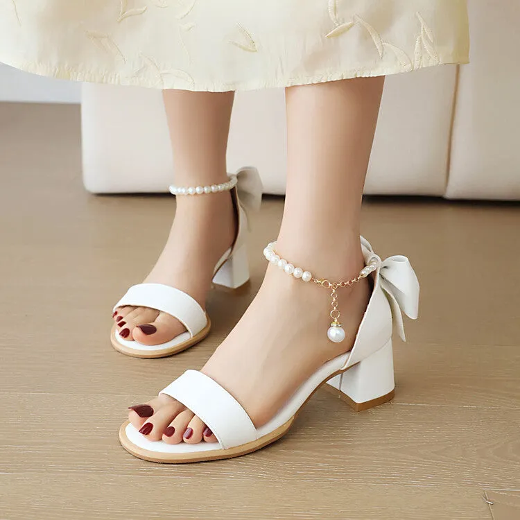 Women's Pearls Beads Ankle Strap Block Chunky Heel Sandals