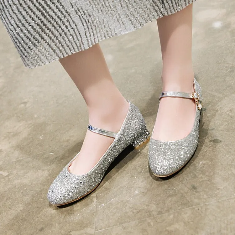 Women's Sparkling Sequins Shallow Mary Janes Rhinestone Flat Pumps