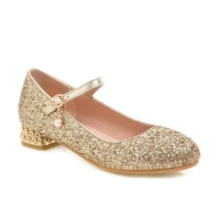 Women's Sparkling Sequins Shallow Mary Janes Rhinestone Flat Pumps